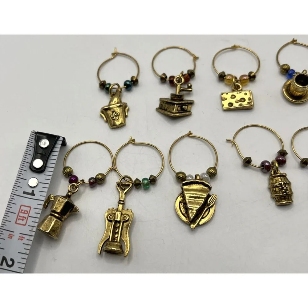 LOT of 10 Vintage Wine Glass Charms Gold Tone Metal Variety Themes